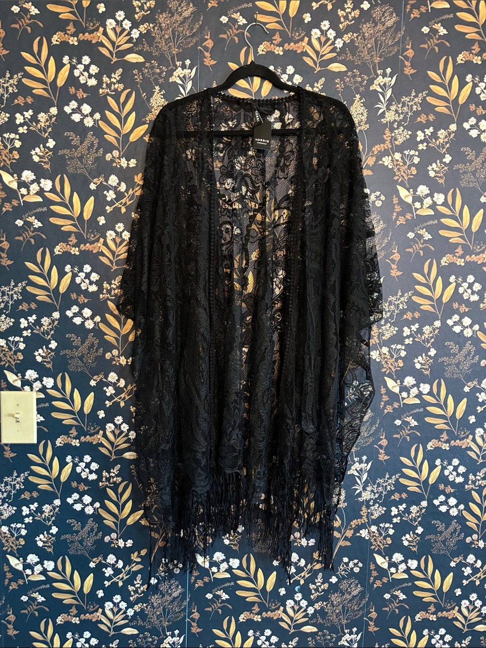 Torrid Black Paisley Lace Fringe Kimono One Size Plus